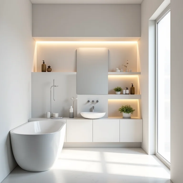 Nicho de banheiro em MDF branco com produtos de higiene pessoal organizados