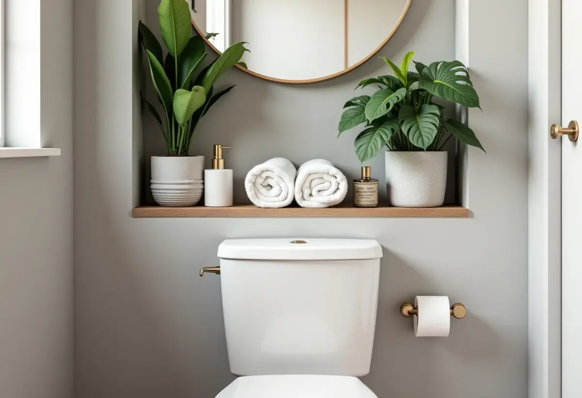 Nicho decorativo acima do vaso sanitário com plantas e toalhas.