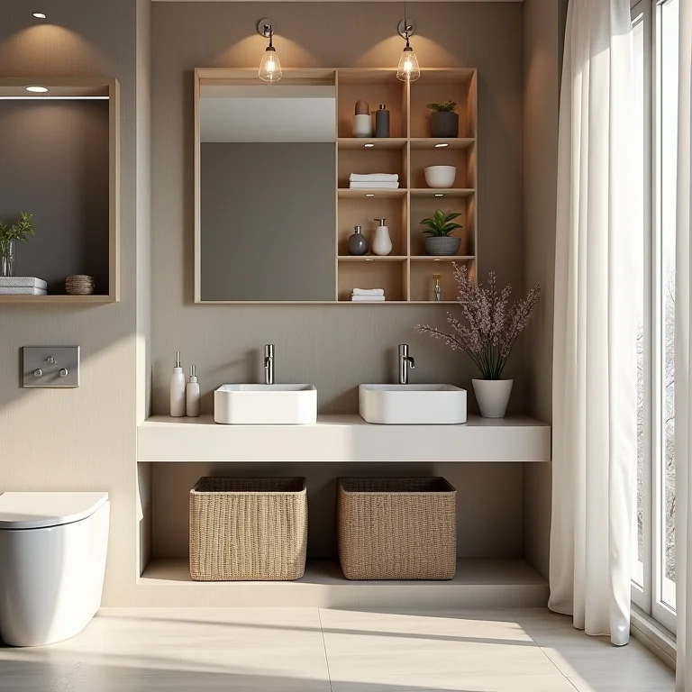 Nicho organizador com caixas e cestos em banheiro.