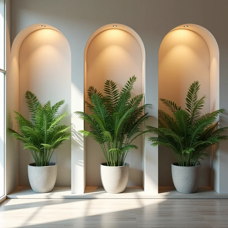 Nichos charmosos com samambaias na cozinha.