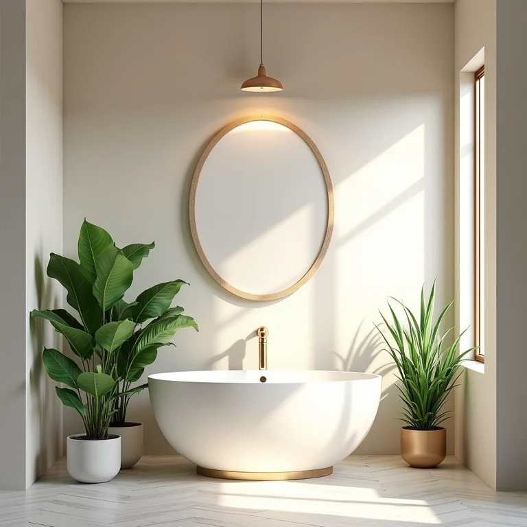 Nichos com plantas em um banheiro com luz natural