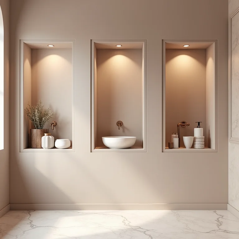 Nichos de cerâmica coloridos em um banheiro elegante