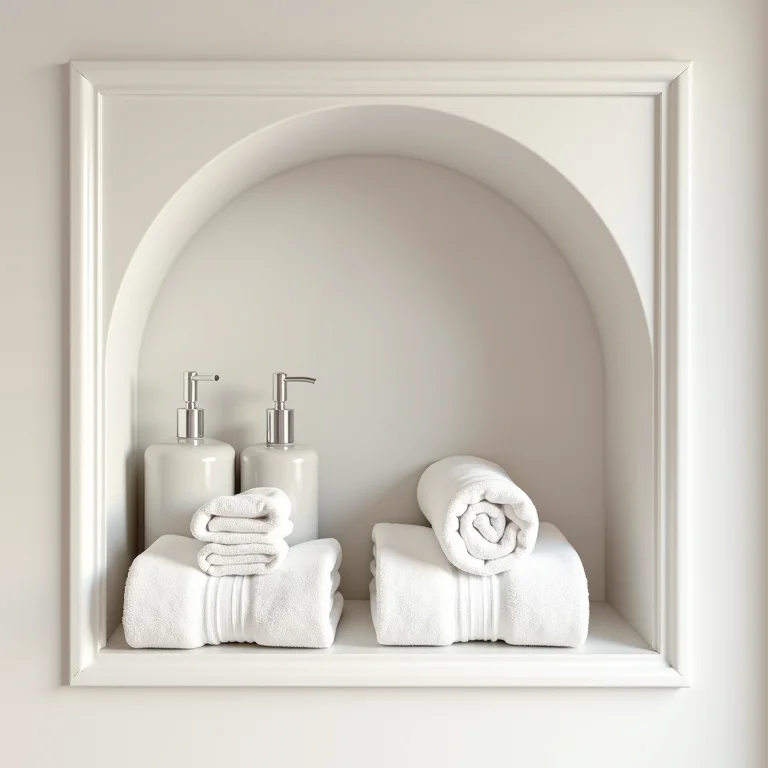 Nichos de drywall em um banheiro moderno com toalhas e produtos de higiene pessoal