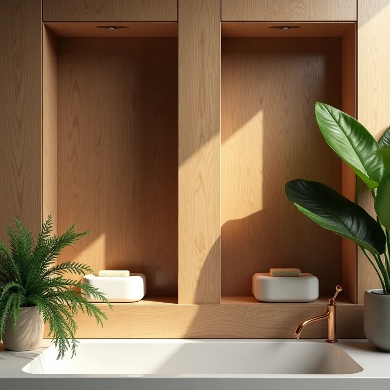 Nichos de madeira com acabamento natural em um banheiro aconchegante