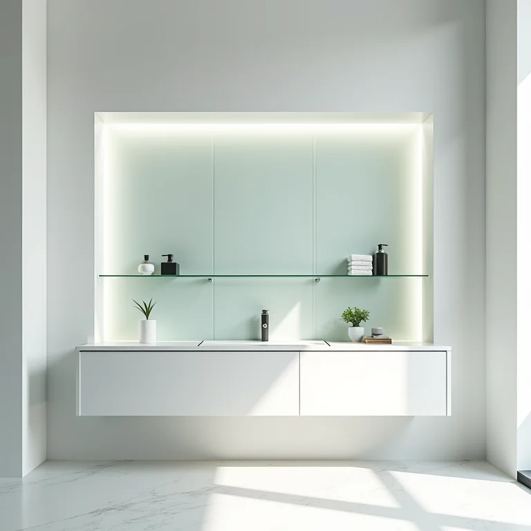 Nichos de vidro com prateleiras transparentes em um banheiro minimalista