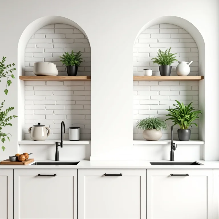 Nichos e prateleiras com tijolinho branco integrados à cozinha