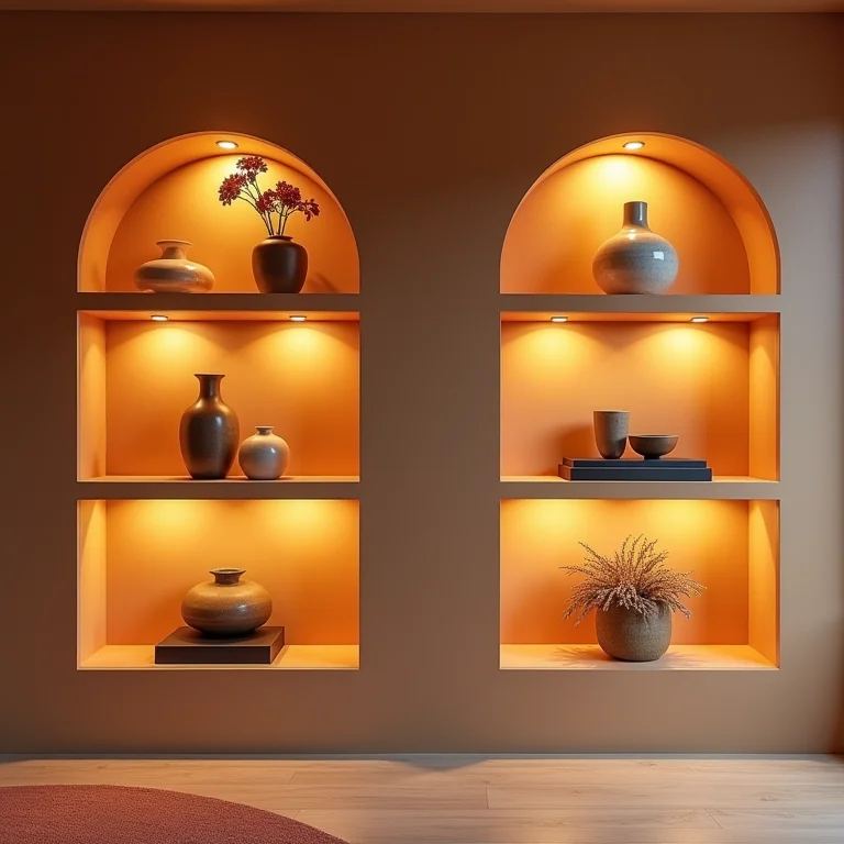 Nichos e prateleiras iluminadas destacando objetos decorativos