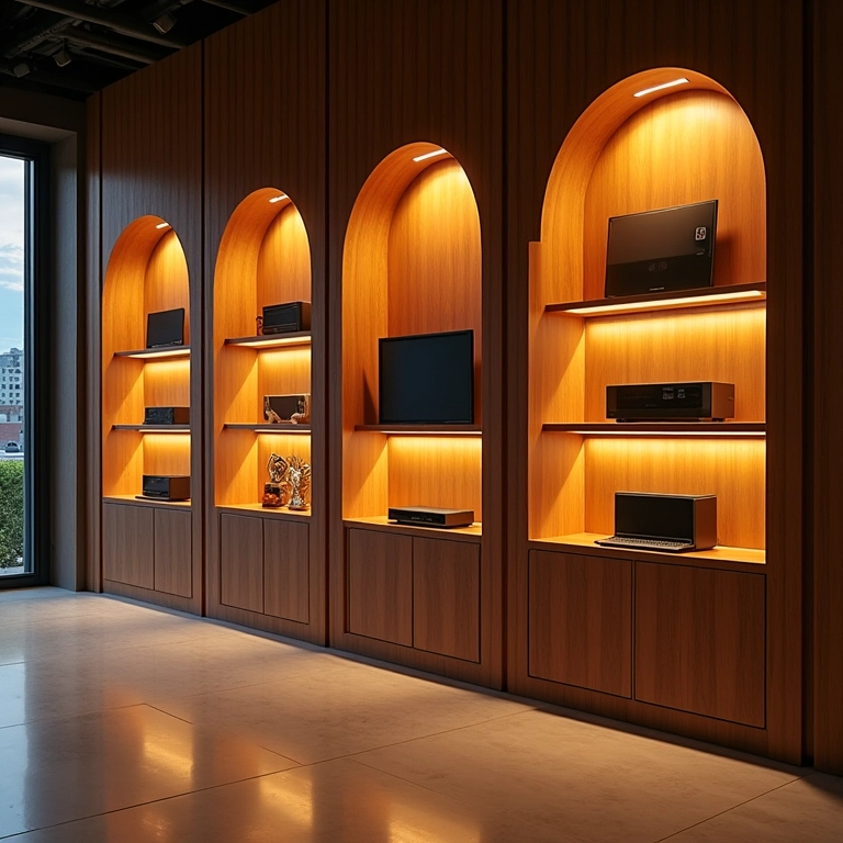 Nichos e prateleiras iluminadas expondo produtos de forma criativa.