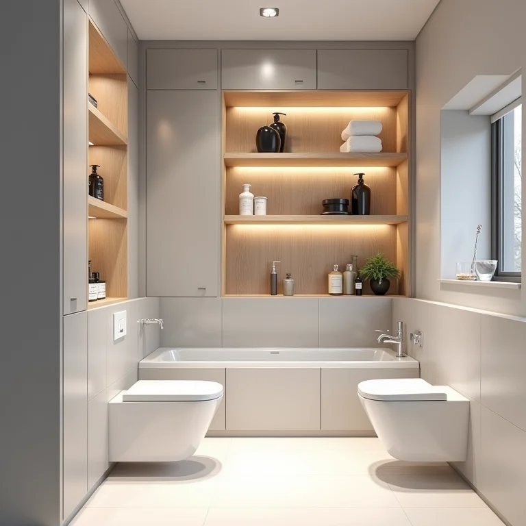 Nichos e prateleiras organizando um banheiro pequeno com estilo.