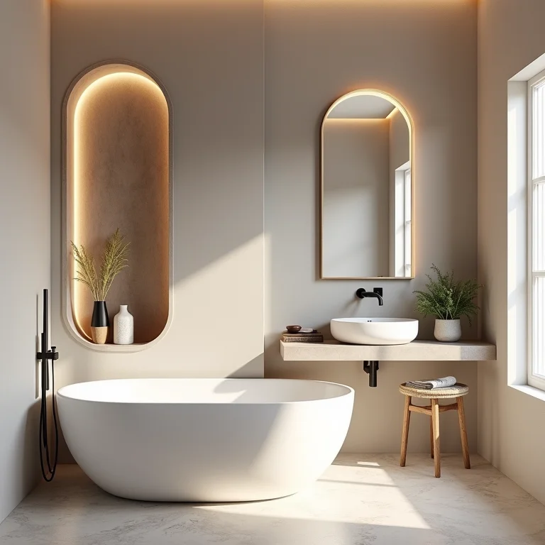 Nichos esculpidos na parede de um banheiro moderno