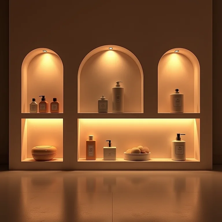 Nichos iluminados em um banheiro sofisticado com iluminação LED suave