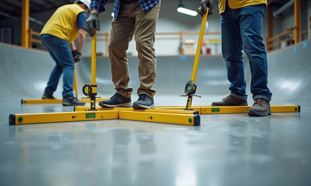 Nivelamento preciso do piso da pista de skate durante a reforma.