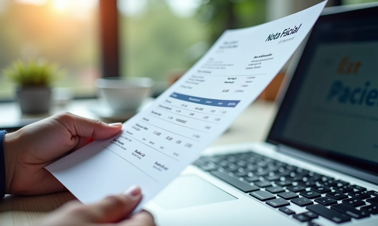 Nota fiscal impressa ao lado de laptop com logo de empresa.