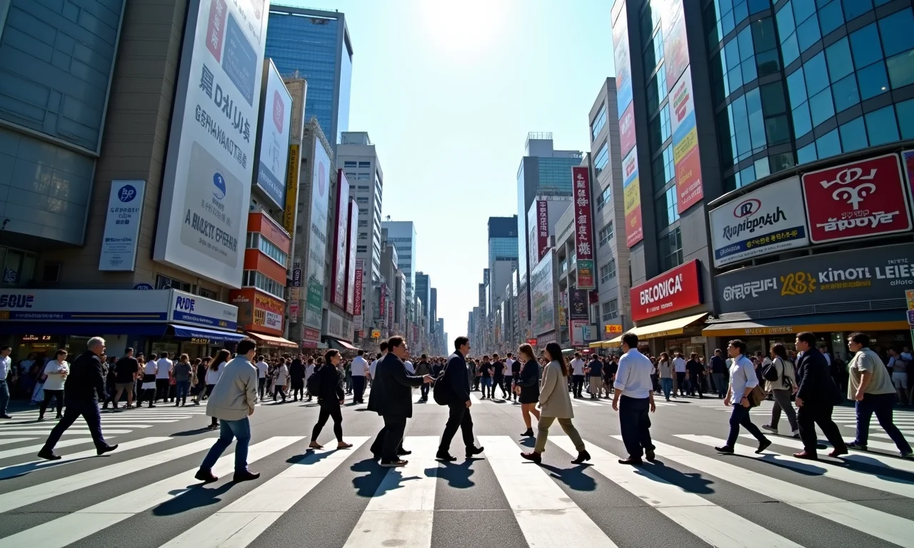 O famoso Shibuya Crossing em Tóquio, mostrando o cruzamento mais movimentado do mundo.