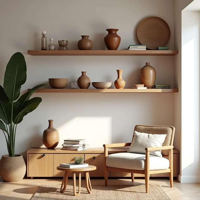 Objetos pessoais e lembranças de viagem cuidadosamente dispostos em prateleiras em casa boho-minimalista.