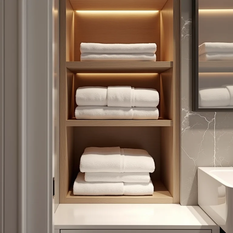 Organização impecável em nicho de banheiro.