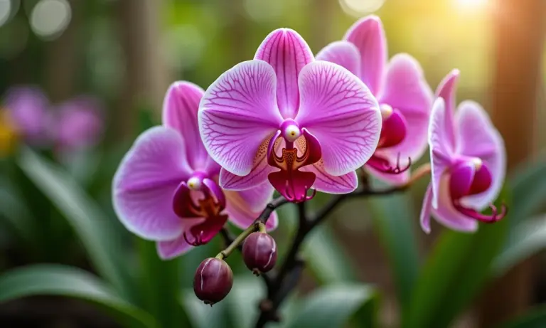 Orquídeas vibrantes florescendo com raízes saudáveis e pétalas coloridas.