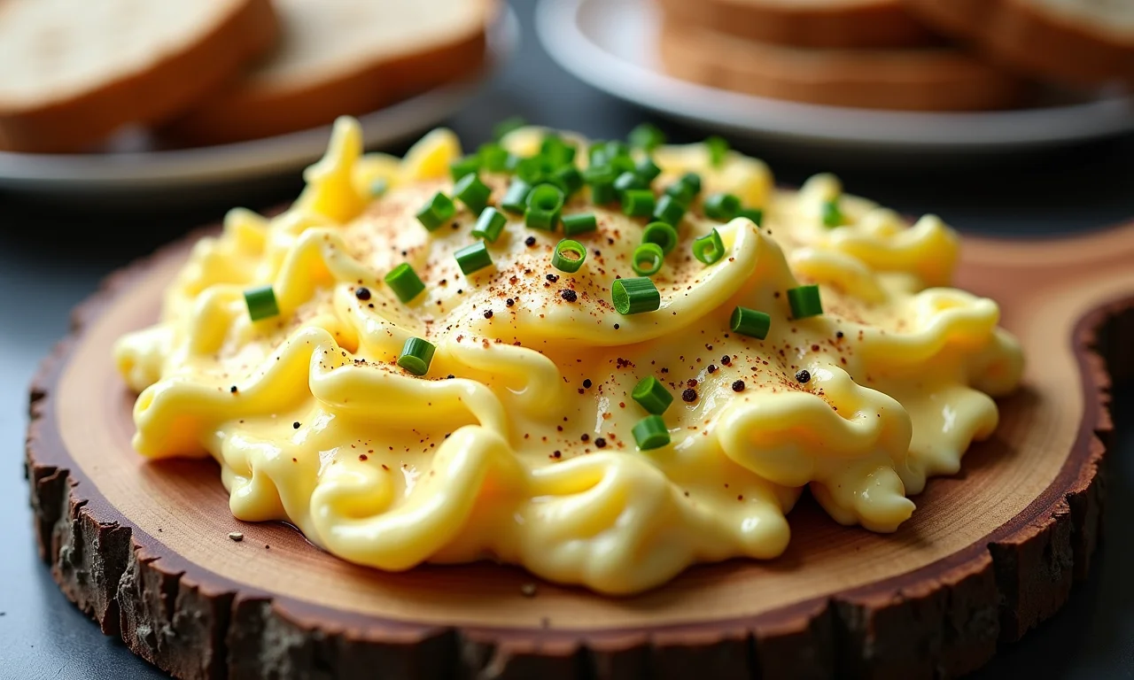 Ovos mexidos cremosos servidos em tábua de madeira rústica.