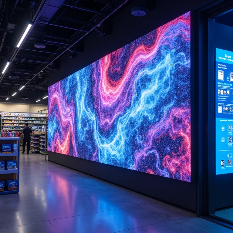 Painel de LED transformando parede em show de cores em loja de eletrônicos.