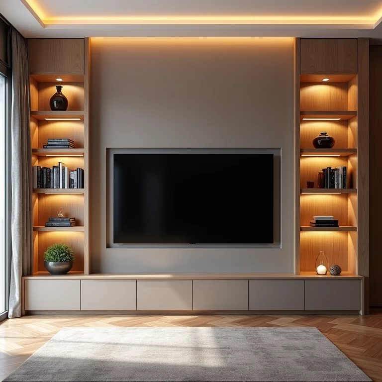 Painel de TV com nichos e prateleiras para decoração