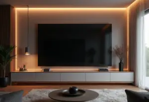 Painel de TV moderno escondendo fios em sala de estar