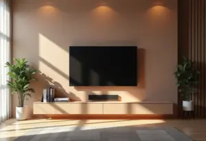 Painel de TV moderno escondendo fios em sala de estar minimalista