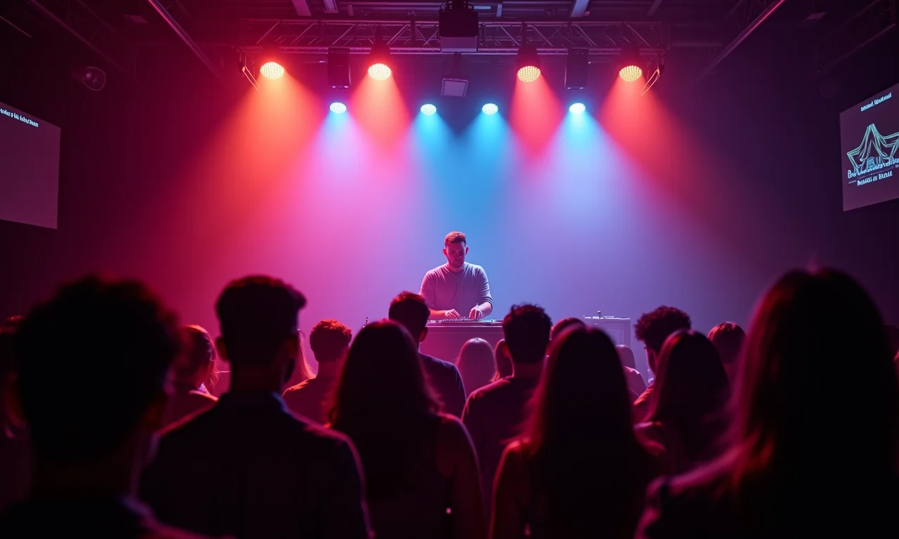 Palco de boate iluminado com luzes coloridas e DJ no fundo.
