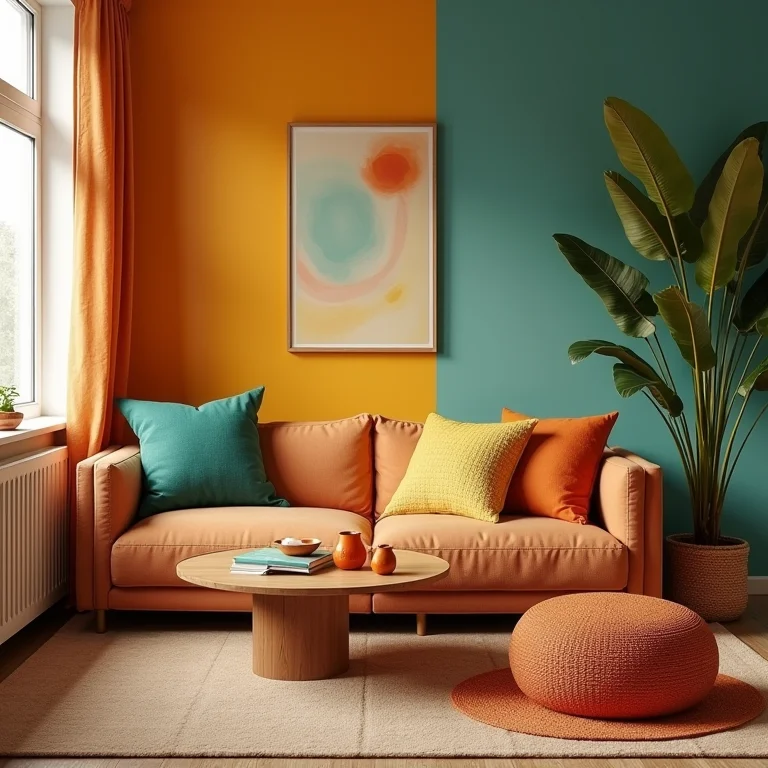 Paleta de cores boho com tons de terracota, mostarda e azul turquesa