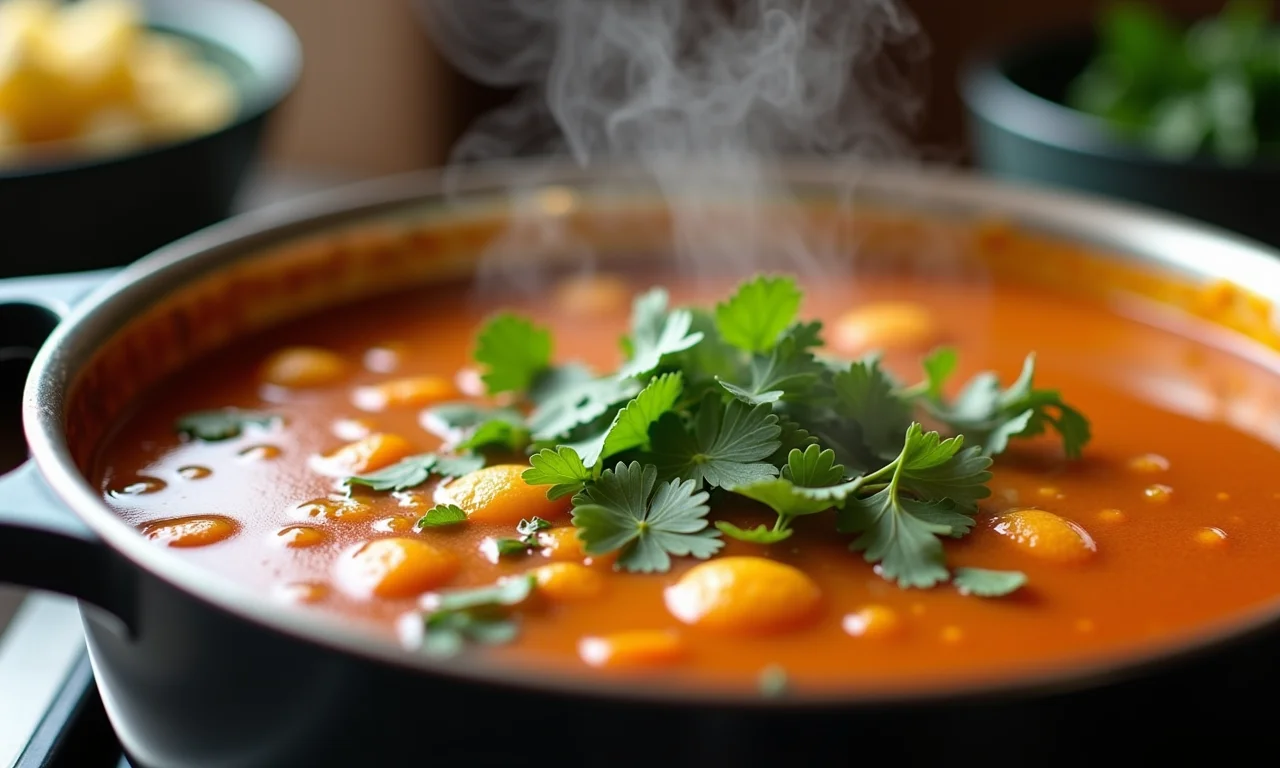 Panela com caldo de mandioquinha fervendo, ervas frescas salpicadas por cima.