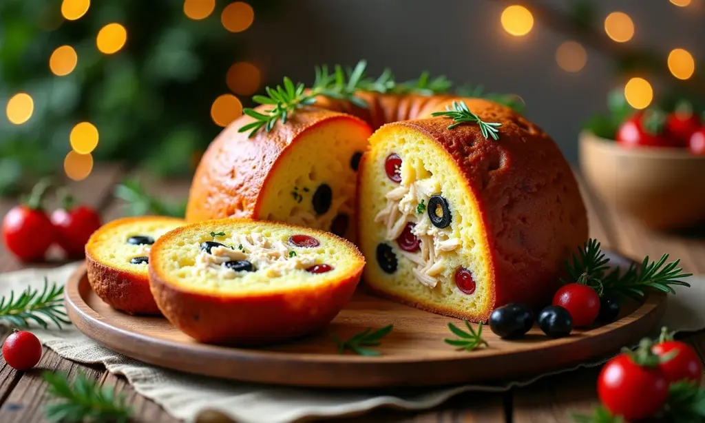Panetone salgado de frango recheado para o Natal, com decoração festiva brasileira.
