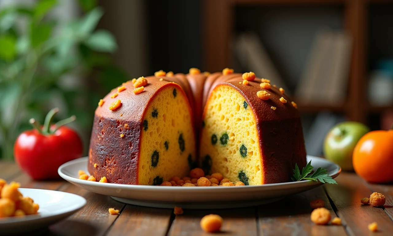 Panetone salgado vegano recheado com jaca, palmito e legumes, servido por uma mulher negra.