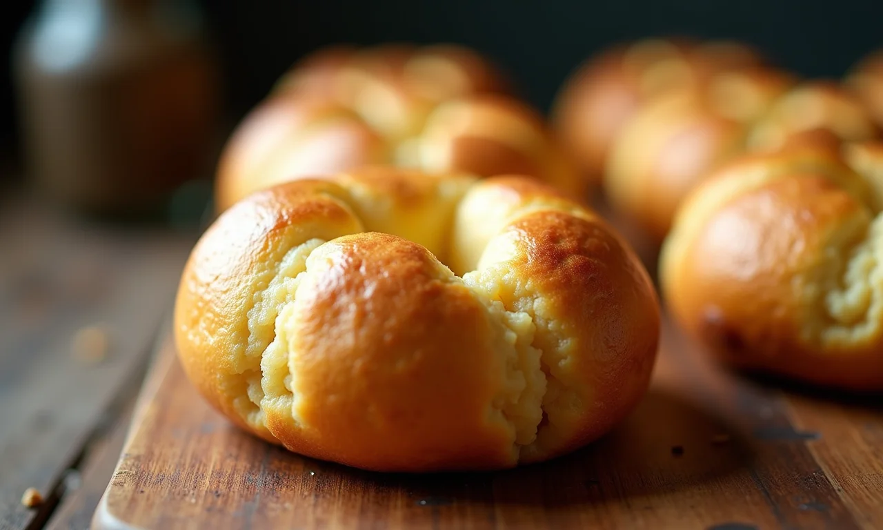 Pão de queijo sem glúten recém-assado em tábua de madeira, cenário rústico brasileiro.