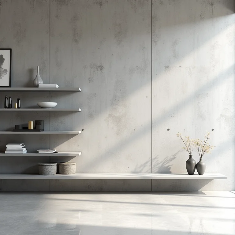 Parede de concreto polido com prateleiras de aço em estilo industrial.