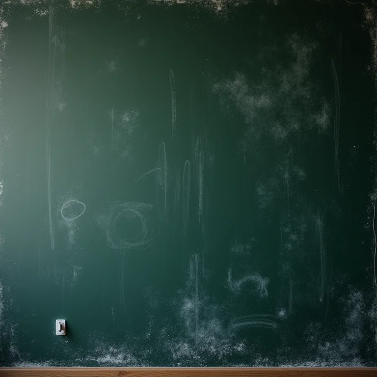 Parede lousa suja com poeira de giz e manchas, sem limpeza e manutenção adequadas.