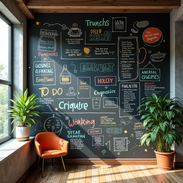 Parede lousa transformada em um mural interativo com ilustrações coloridas, listas de tarefas e citações inspiradoras.