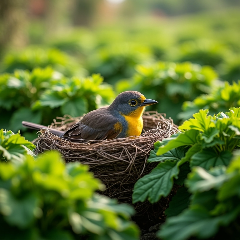 Pássaros encontrando abrigo seguro em meio à folhagem densa de uma horta orgânica.