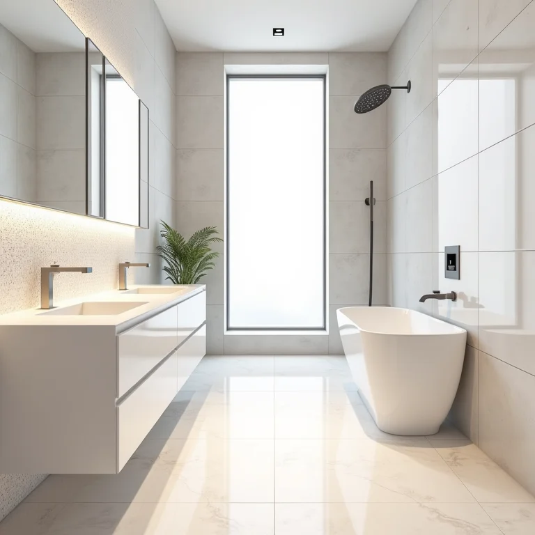 Pastilhas claras ampliando visualmente um banheiro pequeno.