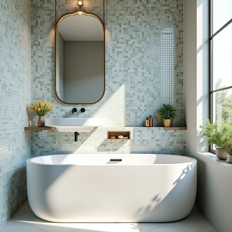 Pastilhas de vidro em um banheiro pequeno.