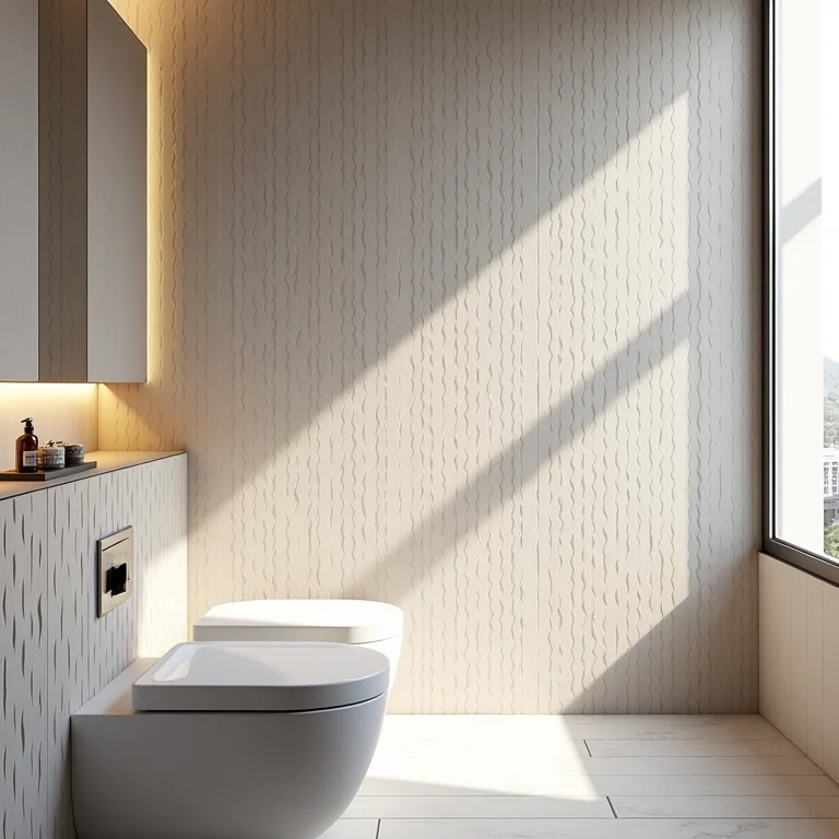 Pastilhas em relevo em um banheiro pequeno.