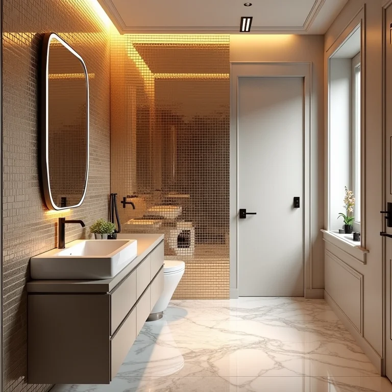 Pastilhas espelhadas em banheiro pequeno