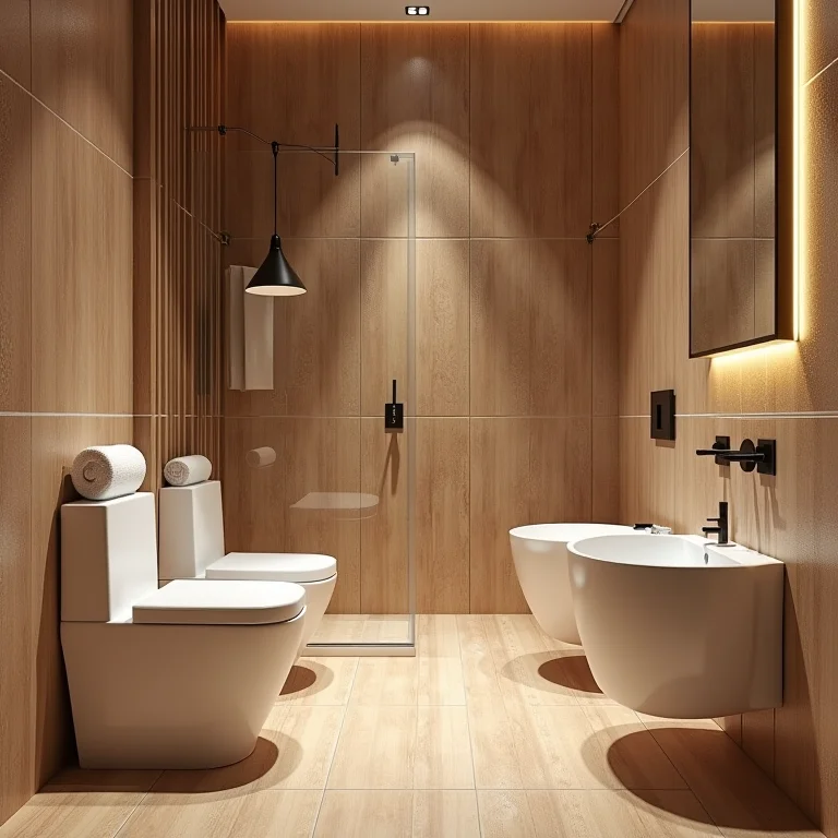 Pastilhas que imitam madeira em um banheiro pequeno.