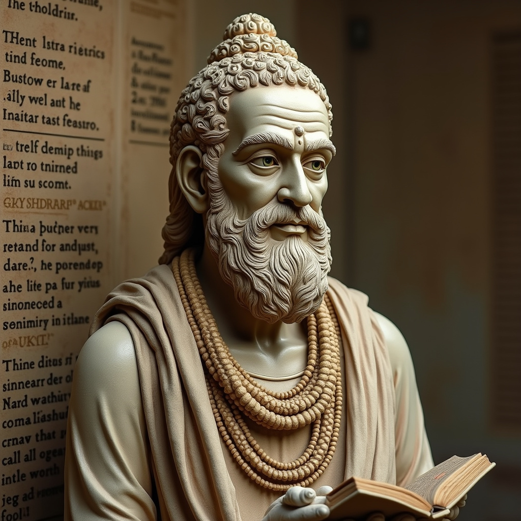 Patanjali statue, Yoga Sutras text, focus on philosophy, ancient script, detailed carving, Estátua de Patanjali, texto dos Yoga Sutras.
