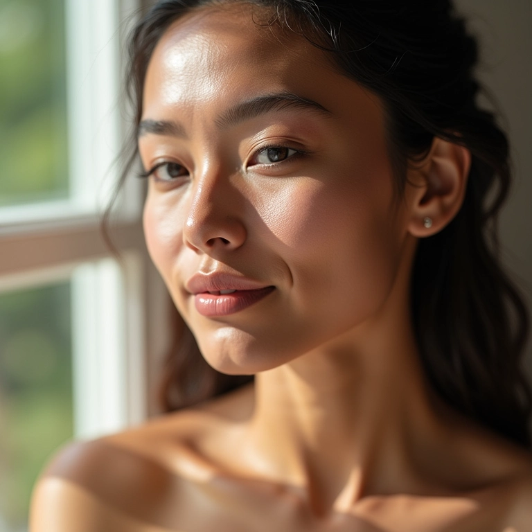 Pele uniforme e clara após uso de sérum facial.
