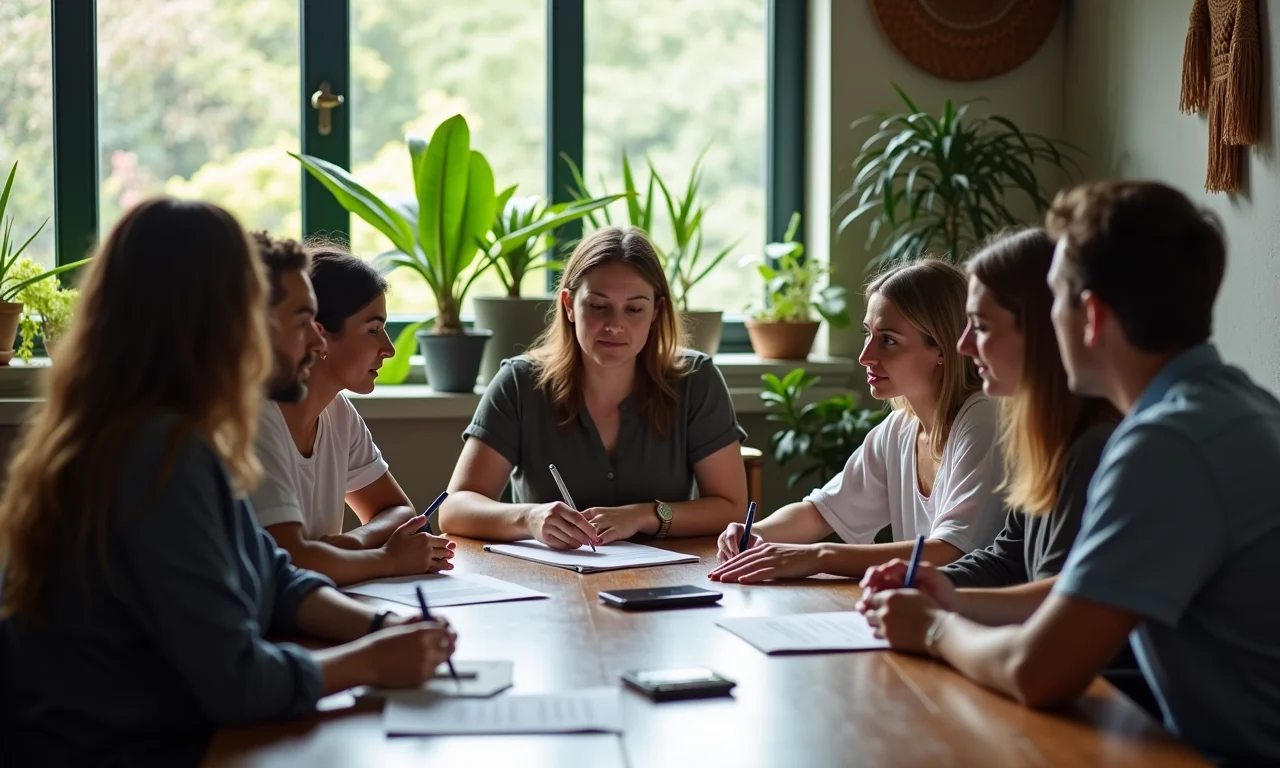 Pequena equipe participando de uma reunião eficaz, com foco e objetividade.