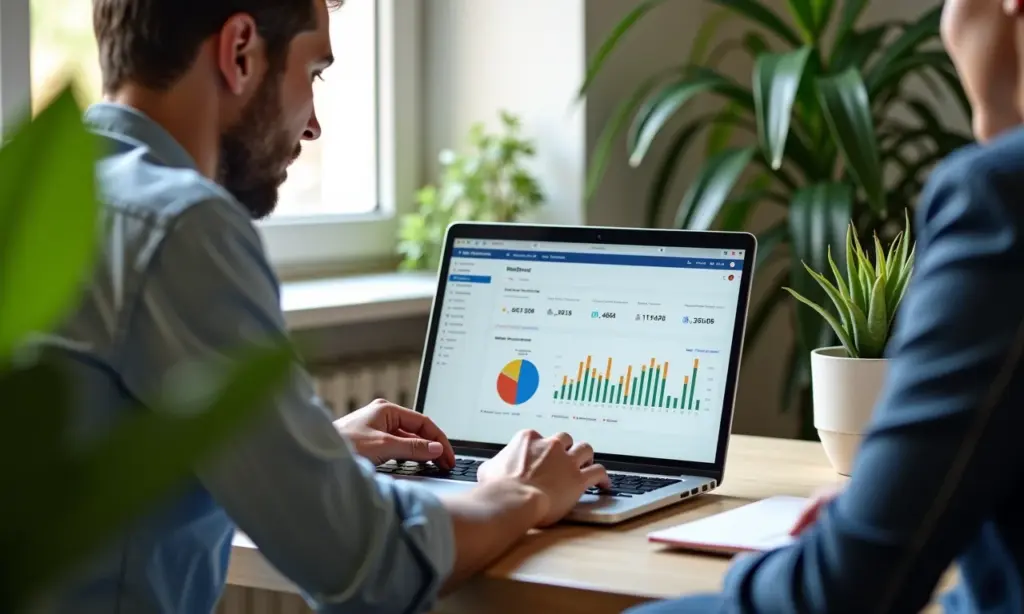 Pequeno empresário analisando o Google Ads no laptop em escritório moderno.