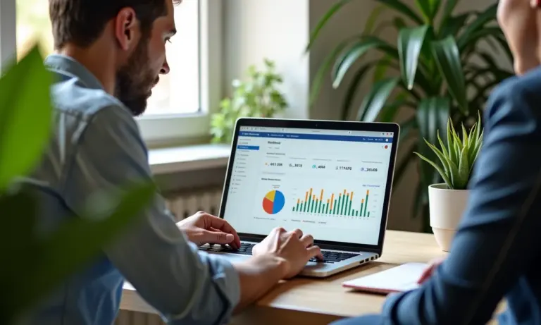 Pequeno empresário analisando o Google Ads no laptop em escritório moderno.