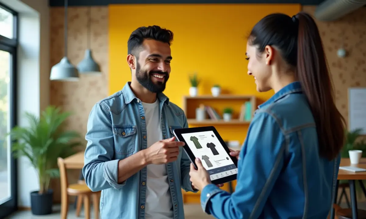 Realidade Aumentada Para Pequenos Negócios Inove na Experiência Pequeno empresário brasileiro demonstra catálogo de produtos com RA em tablet.
