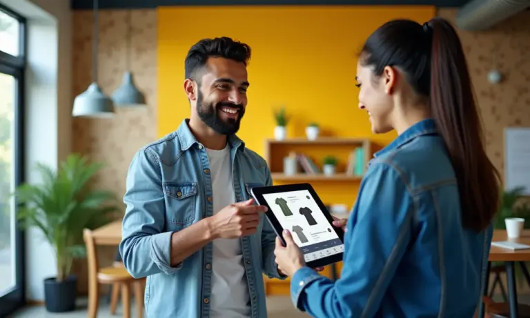 Pequeno empresário brasileiro demonstra catálogo de produtos com RA em tablet.