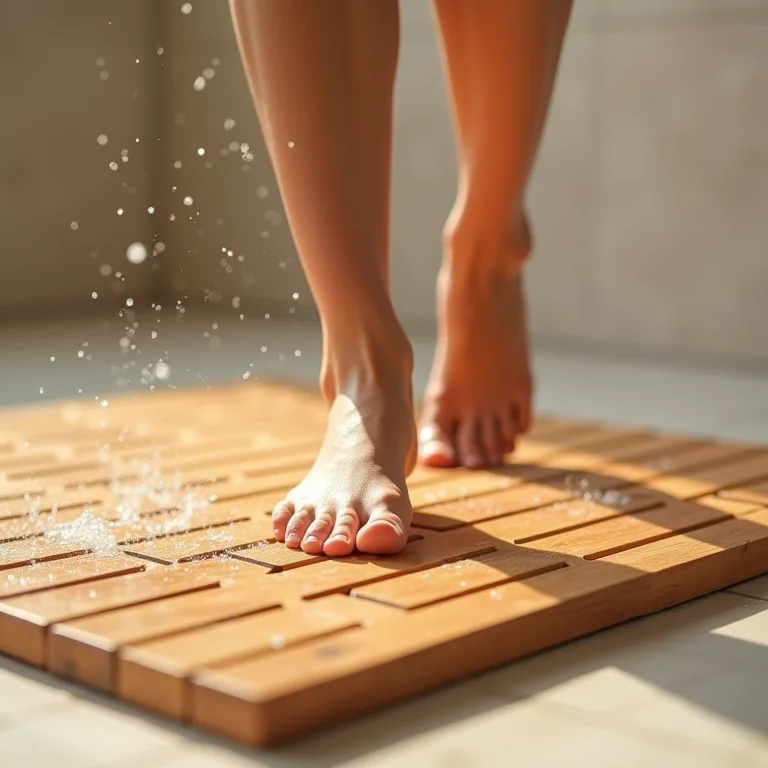 Pés descalços pisando em um tapete de madeira antiderrapante para box
