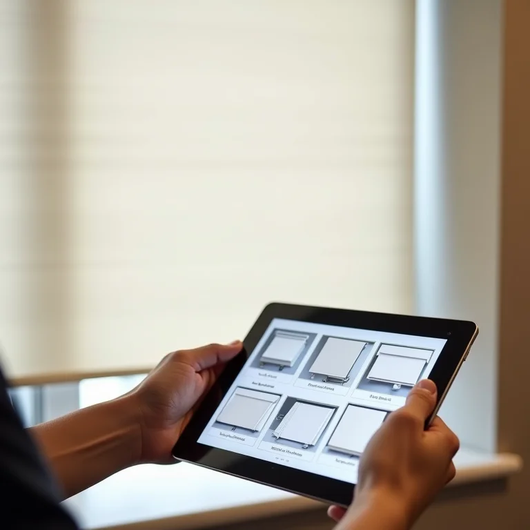 Pesquisando marcas e modelos de cortinas rolô em um tablet.